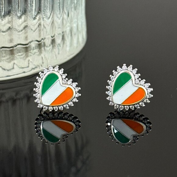 Ireland Flag Earrings Heart bling S925 Sterling Silver Handmade Ear Stud - Picture 3 of 5